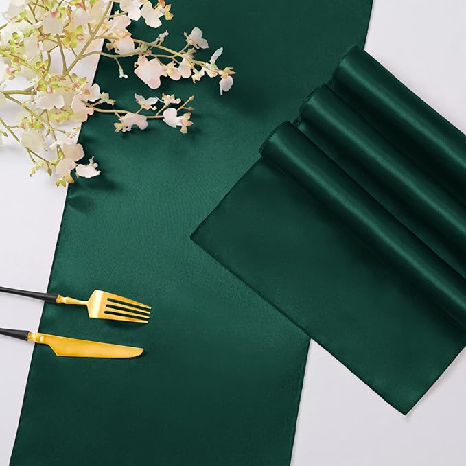 Horbaunal 6 Pack Satin Runners 12 x 108 Inch Bright Silky Smooth Satin Table Runners for Birthday Wedding Party Banquets, Forest Green