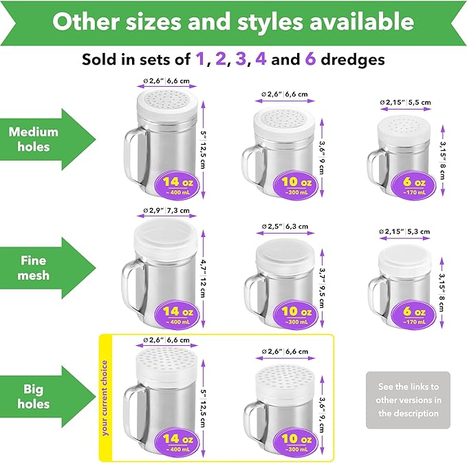 [10oz + 10oz + 14oz] Large Holes Stainless Steel Dredge Shaker Bundle - by CUSINIUM