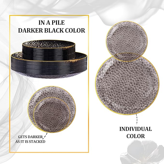 SUT 36Pcs Black Plastic Plates, Hammered Plates Disposable Heavy Duty, Black Disposable Plates With Gold Rim, Fancy Plastic plates Include 18 Dinner plate and 18 Dessert plate for Party