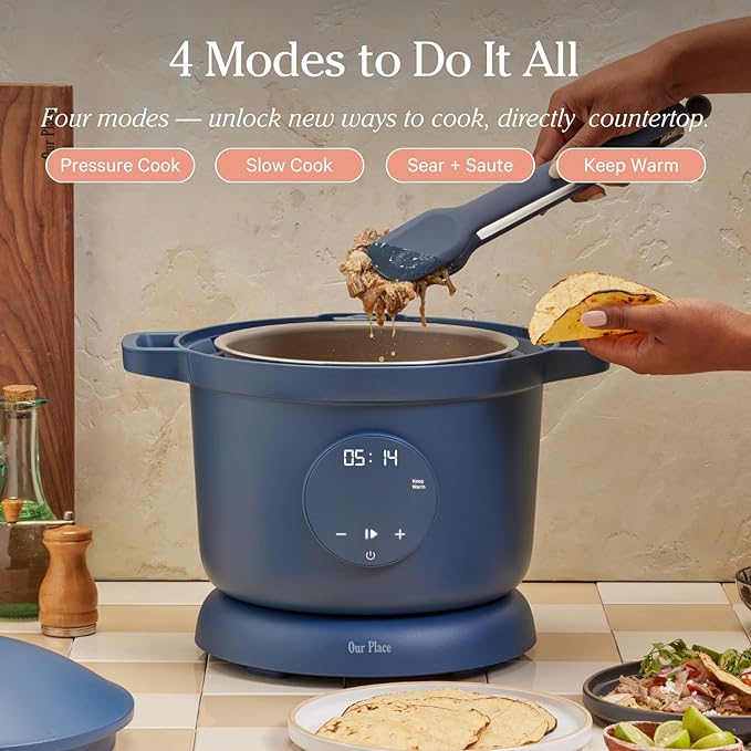 Our Place Dream Cooker | 6 Qt Ceramic Nonstick Multicooker & Pressure Cooker with Touchscreen Controls & Auto Steam Release | 4 Modes: Pressure Cook, Saut챕/Sear, Slow Cook & Warm | Blue Salt