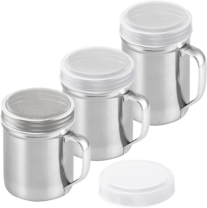CUSINIUM [10oz, 10oz, 14oz] Cinnamon Sugar Shakers - With Lid - With Handle - Fine Mesh Dredge Bundle - For Vanilla, Flour, Sugar Powder