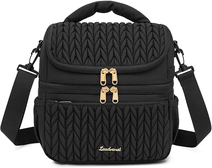 LEADVENST Lunch Bag Women, Double Deck Insulated Lunch Box - Large Capacity 12L with Detachable Divider for Tall Items, Leakproof, Durable & Reusable Cooler Bag For Work Picnic Travel, Quilted Black
