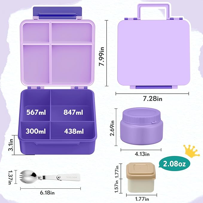 Aimsnk Bento Lunch Box for Kids with 9oz Soup Thermo Leak-Proof Lunch Food Container with 5 Compartment Thermo Hot Food Jar and Insulated Lunch Bag for Kid Toddler Girls Boys to School(Purple)