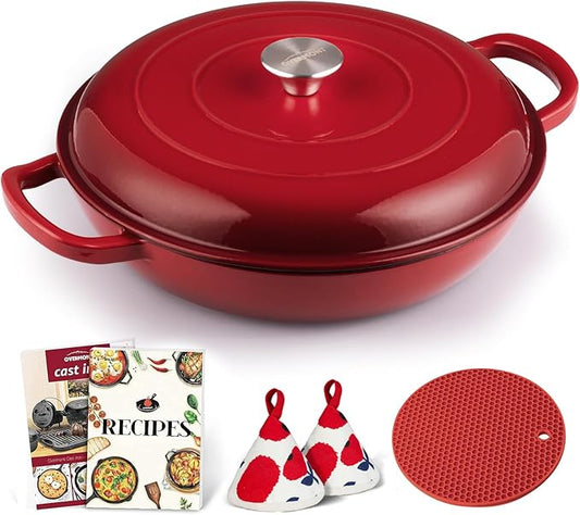 Overmont Enameled Cast Iron Dutch Oven - 3.8 Quart Dutch Oven Pot with Lid - Shallow Cookware Braising Pan - Cast iron Casserole with Cookbook & Heat-resistant Caps - Oven Safe up to 500째 F