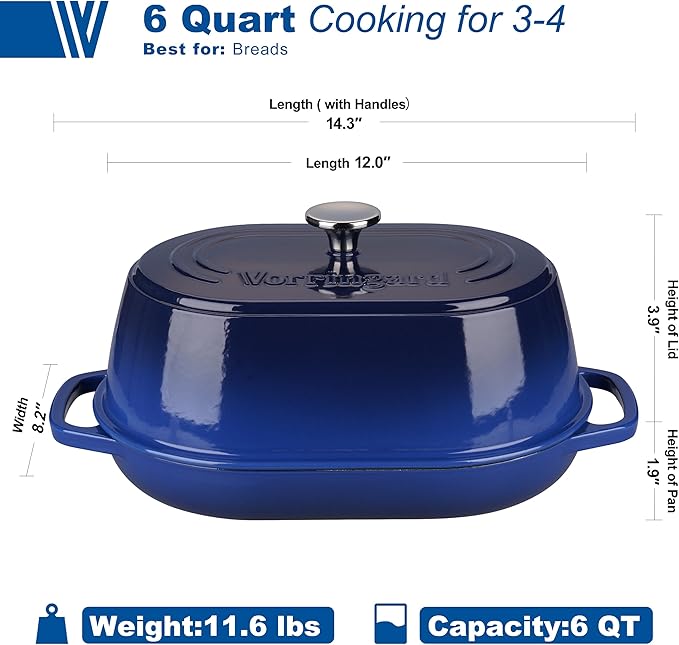 Enameled Cast Iron Dutch Oven Pot with Dome Lid, Oval Bread Oven for Homemade Sourdough Bread Baking, Oven Safe up to 500째F, 6 Quart, Blue