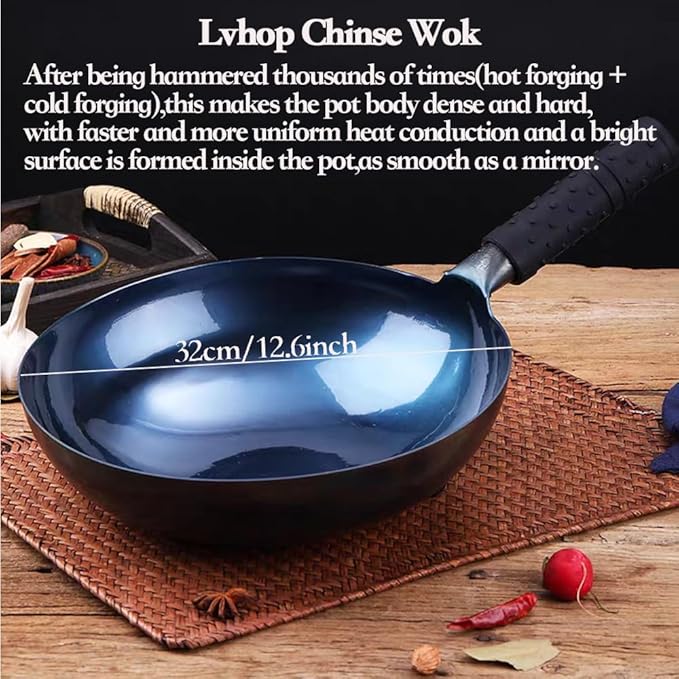 iron wok with lid,12.6 inch woks & stir-fry pans nonstick,chinese traditional pans for open fire,large cookwares,cooking,bbq,grill,camping,blue pre-seasoned round bottom wok (32cm)