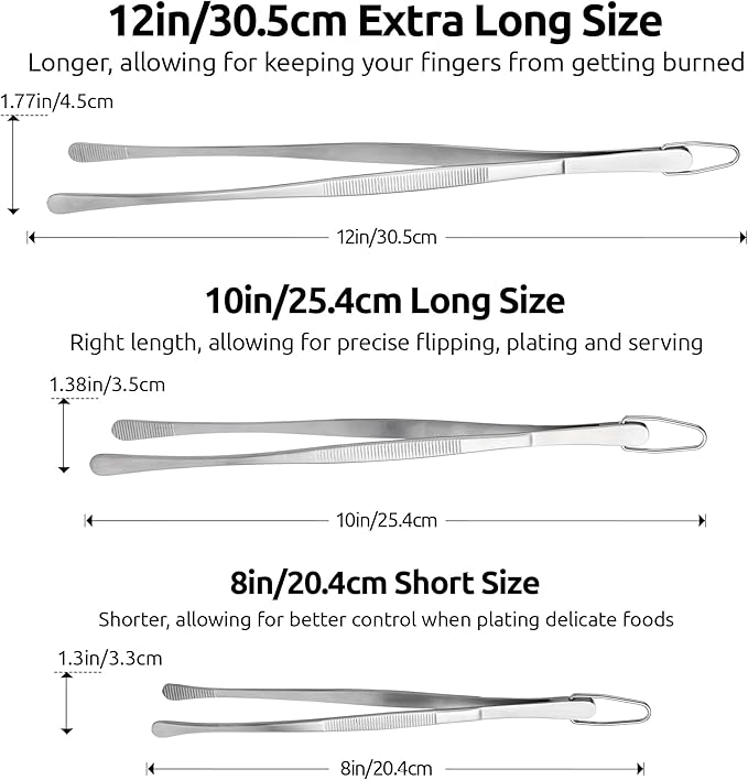 U-Taste 8in Kitchen Plating Tweezer: 18/8 Stainless Steel Food-Grade Metal Food Tong, Seamless-Welding, Sturdy and Flexible with Non-slip Tips for Serving, Decorating, Cooking, Baking (Round Tip)