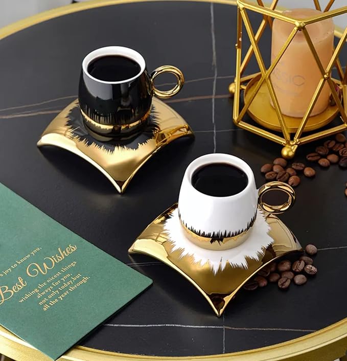 Turkish Coffee Cup Set of 6 with Saucers - Luxury Arabic Greek Japanese Marble Ceramic Tea Cups for Espresso Cappuccino Latte Mocha, Ideal Gift - 3.5oz,- Assorted Colors