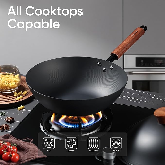 CAROTE 12" Carbon Steel Wok Pan, 4.5QT Woks & Stir-fry Pans Nonstick, No Chemical Coated Pre-Seasoned Flat Bottom Wok with Lid for Stir Fry, Chinese Cast Iron Wok, Cooking Pan, All Stovetop Compatible
