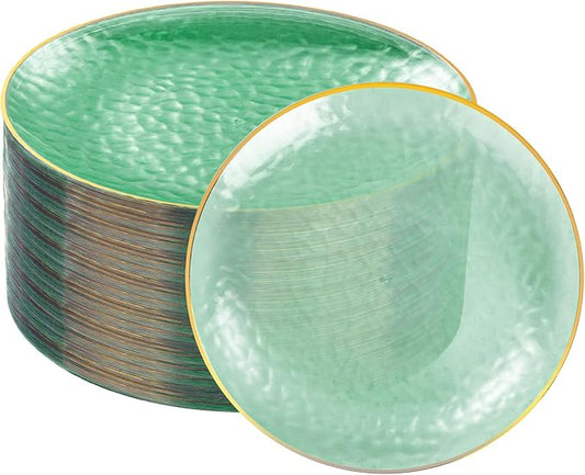 DaYammi 60PCS Green Gold Plastic Plates - 10 inch Green Plastic Dinner Plates - Hammer Pattern Design - Fancy Disposable Plates Ideal for Wedding & Party