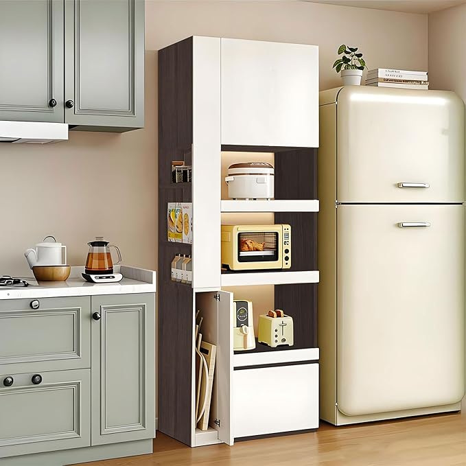 LINLIUA 71'' Tall Kitchen Pantry Cabinet, Wood Pantry Storage Cabinet with Doors, 3 Pull-Out Shelves and Drawer, Modern Slim Kitchen Hutch for Dining Room Small Space