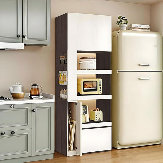LINLIUA 71'' Tall Kitchen Pantry Cabinet, Wood Pantry Storage Cabinet with Doors, 3 Pull-Out Shelves and Drawer, Modern Slim Kitchen Hutch for Dining Room Small Space