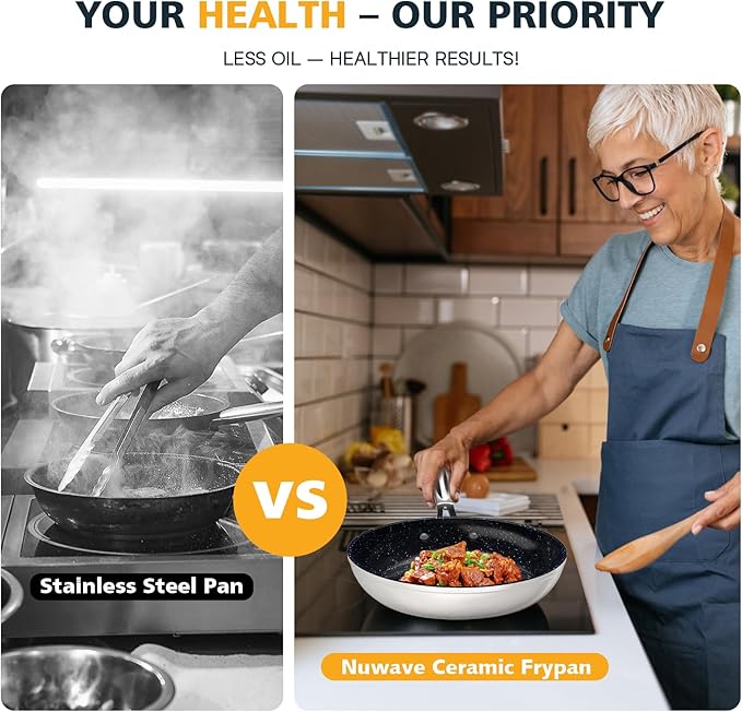 Nuwave 3-Piece 8?? 10?? 12??Forged Lightweight Frying Pan Set, G10 Healthy Duralon Blue Ceramic Ultra Non-Stick, Ergonomic Stay-Cool Handles, Induction-Ready & Works on All Cooktops