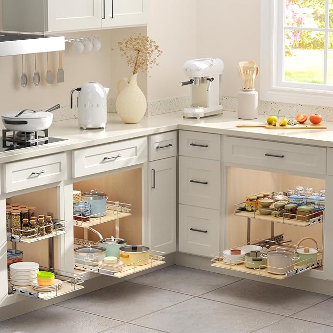 ROOMTEC 2 Tier Individual Pull Out Cabinet Organizer 19쩍"W x 21쩍"D, Slide Out Wood Shelves Organizers, Pull Out Drawers Organization and Storage for Kitchen Cabinet