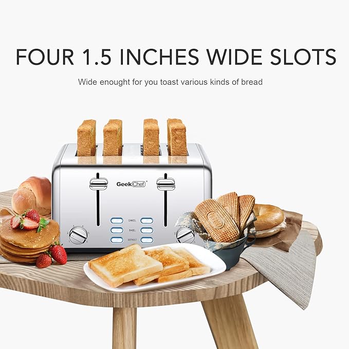 Toaster 4 Slice, Geek Chef Stainless Steel Toaster with Extra Wide Slotsï¼? Slot Toaster with Bagel/Defrost/Cancel Function, Dual Control Panel of 6 Toasting Bread Shade Settings, Removable Crumb Trays, High Lift Lever, ETL