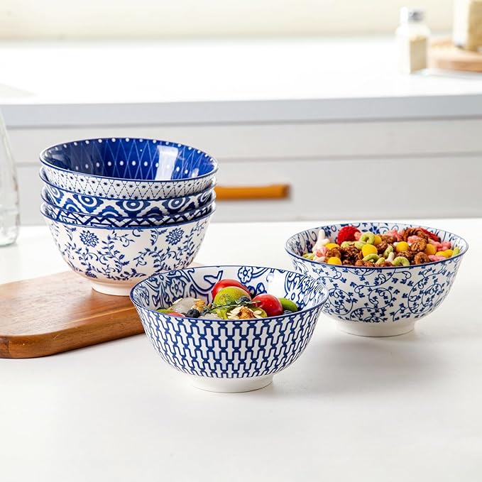 Cerkik Ceramic Soup Bowls Set - 24 Oz Deep Cereal Bowl for Kitchen - 6 Inch Large Porcelain Dinner Bowl Eating Salad Pasta Dessert Oatmeal - Microwave Dishwasher Safe - Set of 6 - Vintage Blue