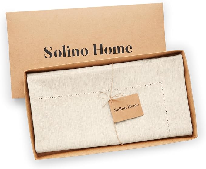 Solino Home Light Natural Linen Tablecloth 52 x 52 Inch - 100% Pure Linen Square Table Throw - Classic Hemstitch, Machine Washable Table Cloth for Spring, Easter
