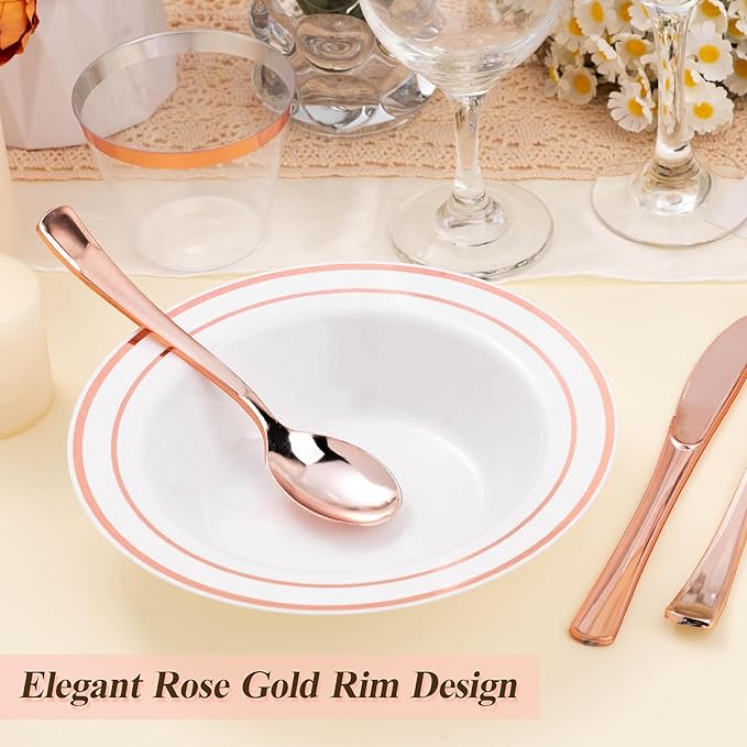 BESTSTAR 50 Pack Disposable Soup Bowls with Rose Gold Rim, 12oz Premium Heavy Duty Plastic Dinner Bowls for Party, Wedding and Holiday
