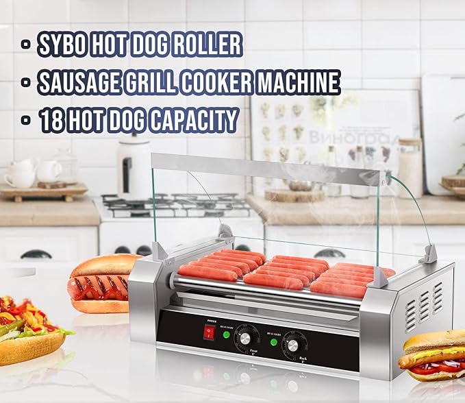 SYBO Hot Dog Roller - 18 Capacity, Non-stick Stainless Steel Rollers, Detachable Glass Cover, 1000-Watts, ETL Certified