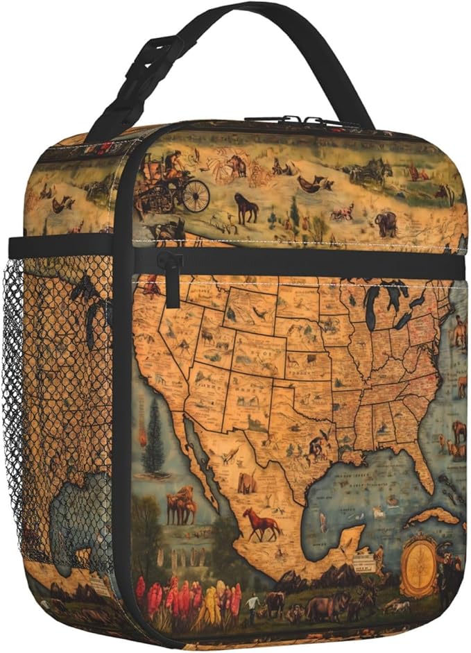 Insulated Lunch Box for Women Men, Vintage Map Theme Lunch Box Reusable Portable Lunch Bag Cooler Tote Waterproof Lunch Container for Office Picnic Work Travel