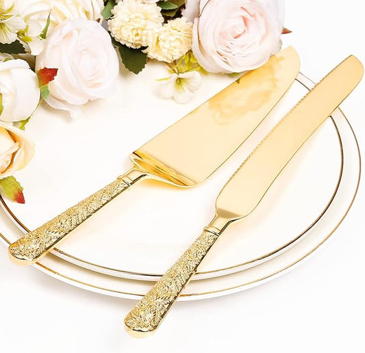 Cake Knife and Server Set for Wedding, Gold Cake Cutting Set, Elegant Cake Knives Cutter Set, Pie Pastry Servers, Birthday Bridal Quincea챰era Gift (F-Flower)