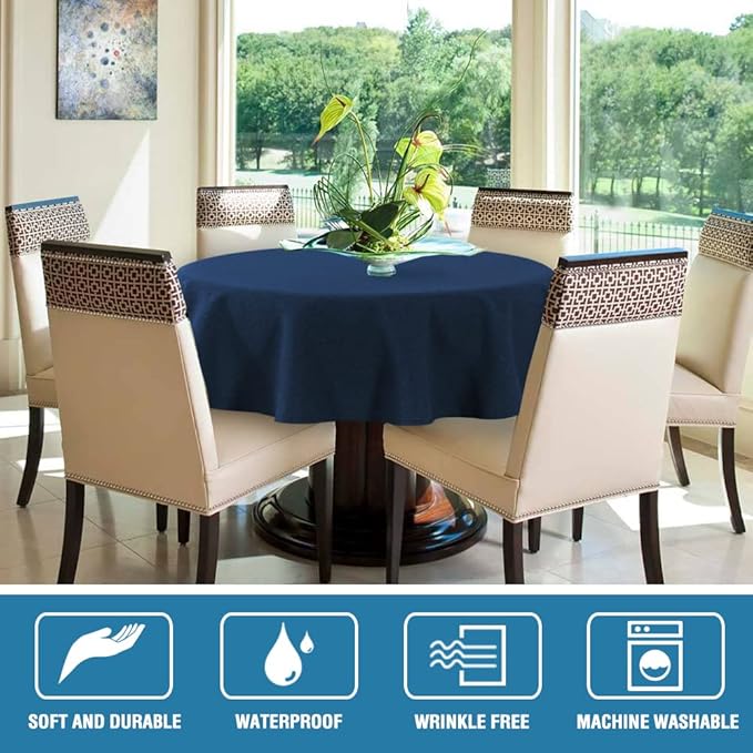 H.VERSAILTEX Linen Textured Tablecloth Round 60 inch Waterproof Decorative Table Cloth Spill-Proof Linen Look Cover for Party Table Extra Soft and Thick Fabric Wrinkle Free, Heather Navy