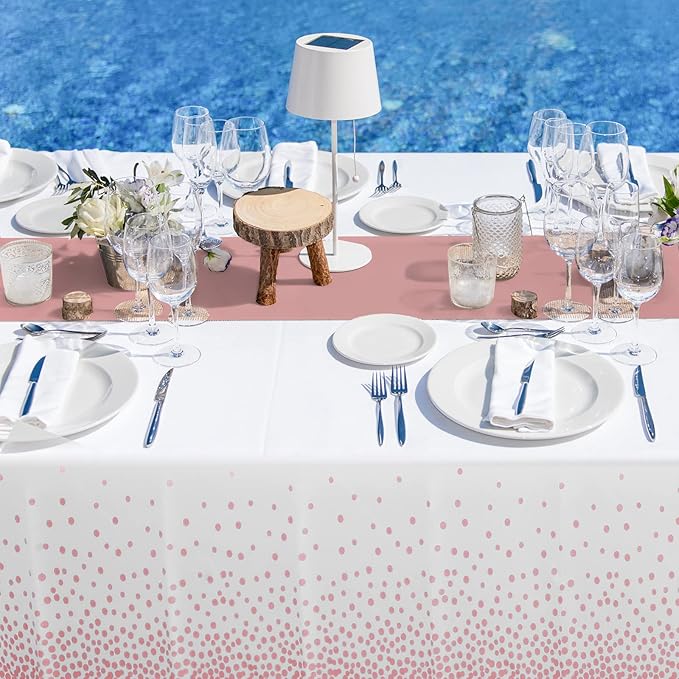 Disposable Plastic Tablecloth (White and Rose Gold Dot) And Satin Table Runner (Rose Gold) Set for Wedding Birthday Baby Shower Anniversary Christmas New Year Party, 16 Pack