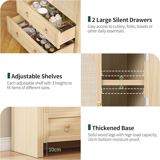 71" Arched Cabinet Kitchen Pantry Cabinet with Rattan Doors, Storage Cabinet with Drawers & Height Adjustable Shelves, Hutch Cabint with Storage, Tall Arched Bookcase for Dining Room Kitchen, Natural