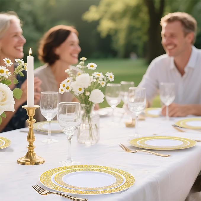 I00000 200 Pcs White and Gold Plastic Plates, Disposable Plastic Plates for 100 Guests Include: 100 Pcs Dinner Plate 10.25??and 100 Pcs Dessert Plate 7.5??Perfect for Party and Wedding