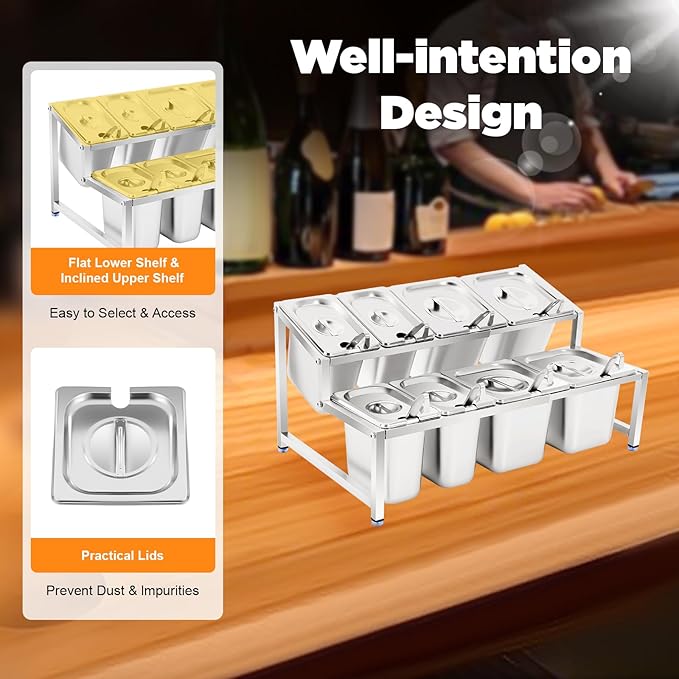 8 PCS Spice Rack Shelf, 2-Tier Stainless Steel Spice Organizer Stand with Lids and Spoons, Expandable Spice Rack for Buffets, Homes and Commercial Kitchens (4 X 1/9 Pans + 4 X 1/6 Pans)