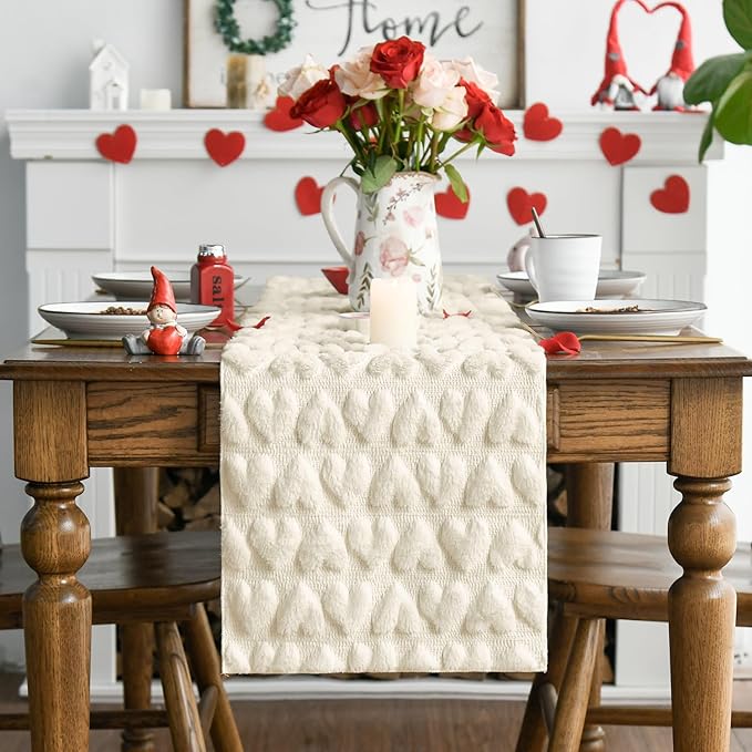 Artoid Mode Beige Soft Plush Faux Fur Jacquard Heart Valentine's Day Table Runner, Seasonal Kitchen Dining Table Decoration for Home Party Decor 13x120 Inch