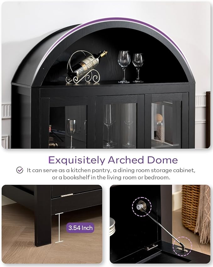 TYBOATLE 75 Inch Arched Cabinet Classic Farmhouse Design w/Three Glass Doors, Arch Cabinet w/Rattan Drawers and Anti-Tipping Device, Versatile Cupboard for Kitchen, Bathroom, Black