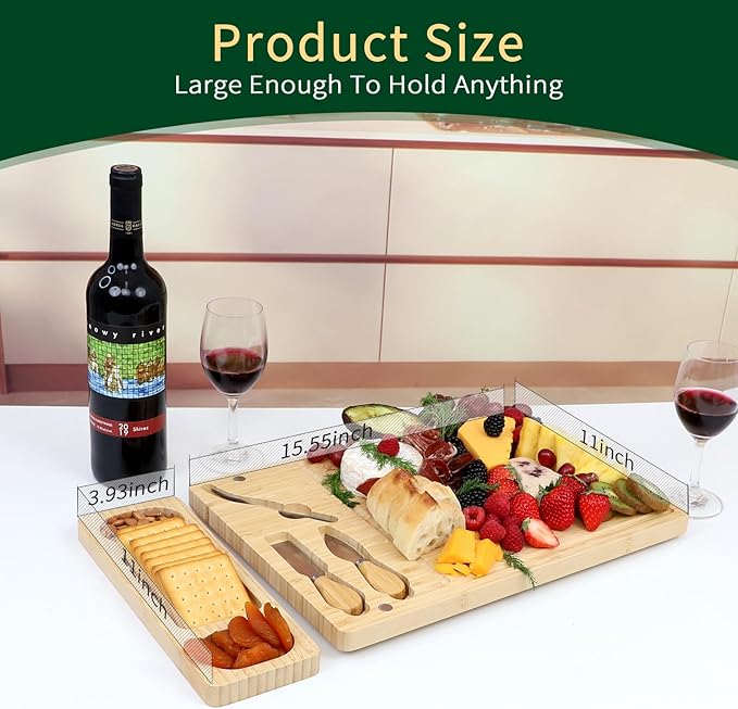 Premium Bamboo Charcuterie/Cheese Board Set ??Wooden Serving Tray with Hidden Knife Storage ??Cheese Knives & Forks - Perfect Bridal Shower, Housewarming, Anniversary, Mother's Day Gifts