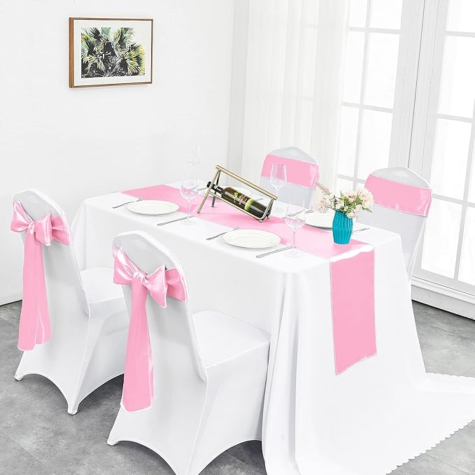 4-Pack Pink Satin Table Runner 12 x 108 Inch Long Bright and Smooth Silk Fabric Table Runner for Wedding Banquet Birthday Party Decoration