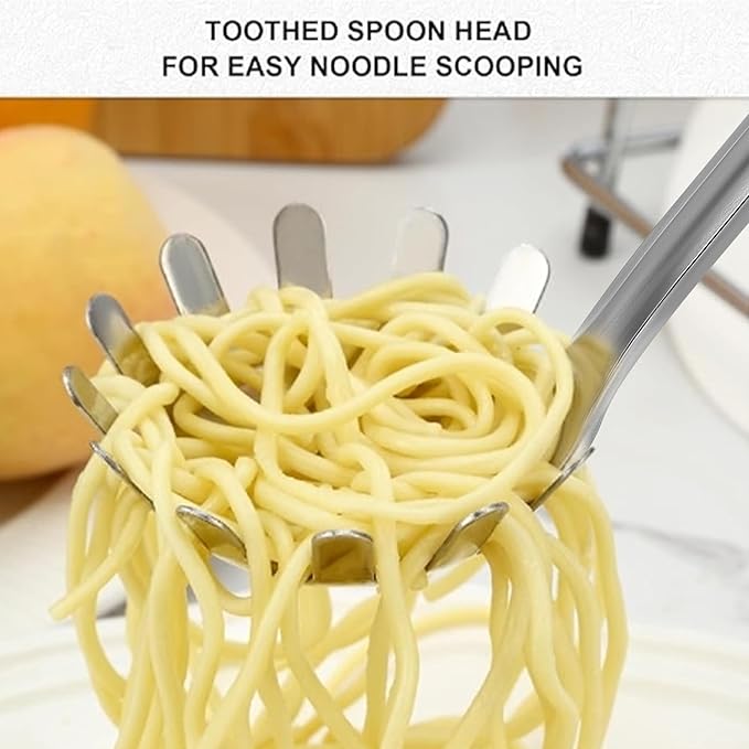 Pleafind Spaghetti Spoon and Spaghetti Tong - 12 Inch Extra-thick, Non-Stick Spaghetti Fork and Kitchen Tong, Easy Storage and Dishwasher Safe Utensils for Cooking, Ergonomic Design