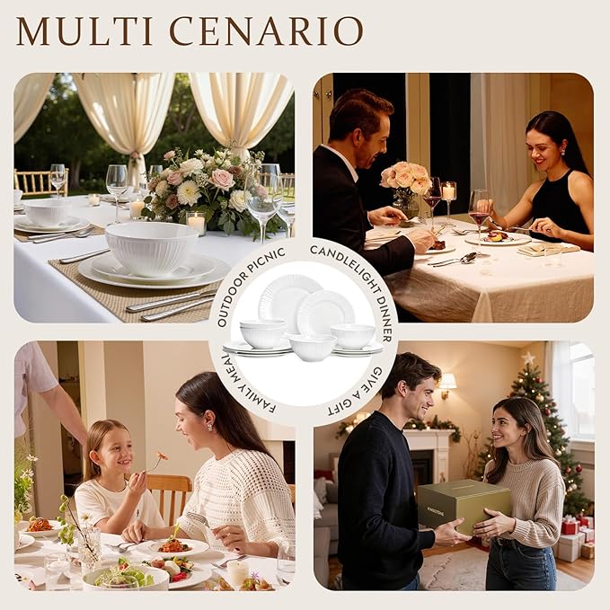 KINGSTONE 12-Piece Bone China Dinnerware Set with 20-Piece flatware, White Lightweight Porcelain Service for 4, for Family Dining, Restaurants, Gifting竊똌icrowave and Dishwasher Safe