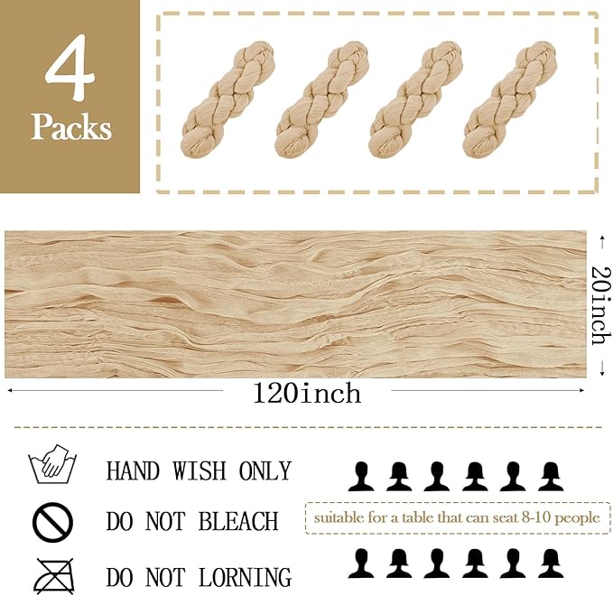 4 Pack Beige Cheesecloth Table Runner 20 x 120 inch Gauze Table Runners 10 FT Long,Semi Sheer Boho Cheese Cloth Fabric Table Runner Bulk for Party,Wedding,Baby Shower,Bridal Shower Decoration