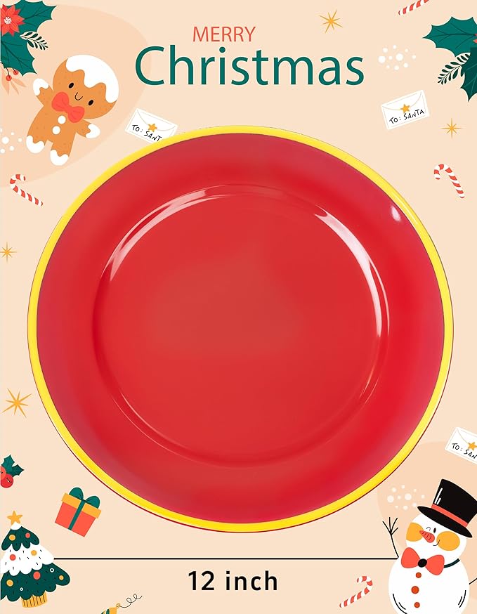 WDF 25PCS Red Plastic Charger Plates - 12inch Red and Gold Chargers for Dinner - Disposable Charge Plates - Perfect for Valentine's Day/Party/Elegant Tabletop Decor