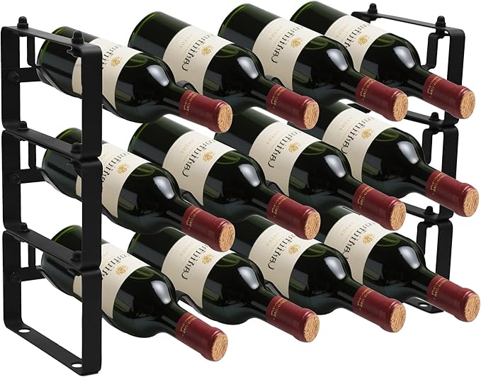 Black Wine Rack for 12 Bottles ??Stackable & Expandable Metal Wine Bottle Holder for Bar Counter, Cabinet, Pantry, or Small Spaces ??Modern Freestanding Wine Storage Shelf (3 Tier, Black)