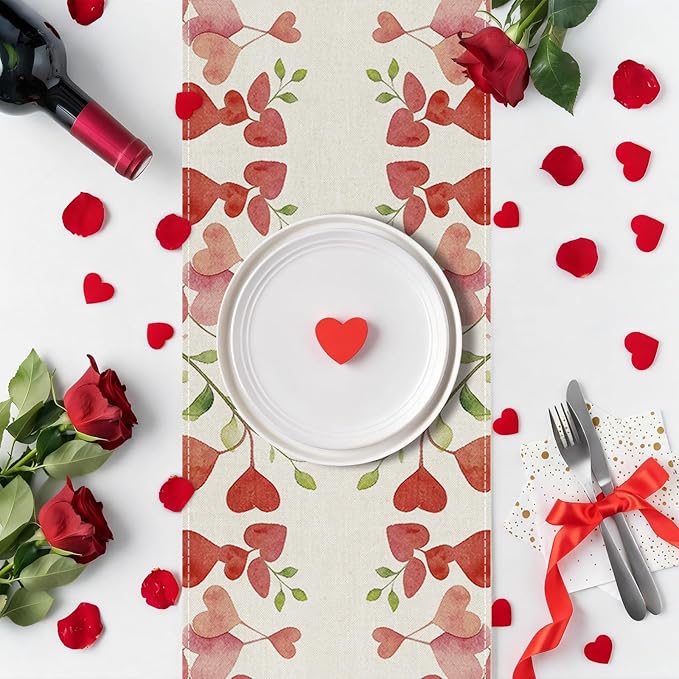 Valentines Day Table Runner 13x48 Inch, Floral Love Hearts Valentine Table Runner, Anniversary Home Kitchen Dining Table Holiday Party Decorations