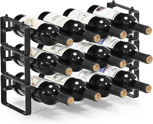 Stackable Wine Rack Countertop, 12 Bottles Wine Bottle Holder for Inside Cabinet, Small Tabletop Wine Holder Stand for Pantry Bar, 3-Tier Angle Adjustable Wine Bottle Rack for Tight Spaces