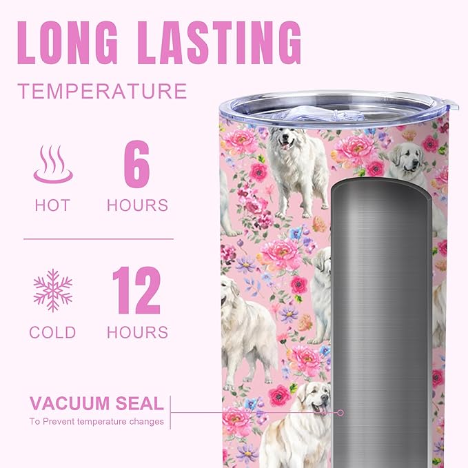 Yogusut Great Pyrenees Gifts for Women, 20oz Stainless Steel Insulated Tumbler Travel Mug Cup with Lid Straw Brush, Gifts for Dog Mom Dog Lover