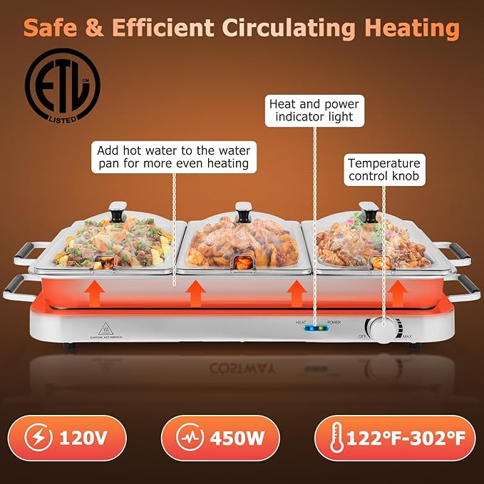 LDAILY Buffet Servers and Warmers, 8 QT Stainless Food Warmer w/Adjustable Temp, Triple Chafing Dishes & Clear Slotted Lids, 450W Electric Warming Trays for Buffets Party, Banquets, Holiday Events