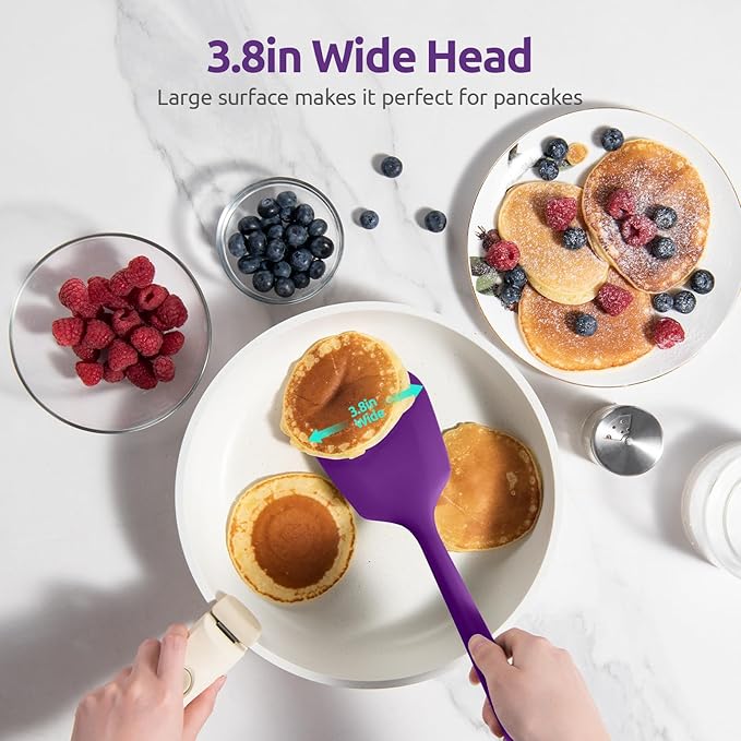 600쨘F Heat Resistant Silicone Turners: U-Taste 13.6in Long Solid & Slotted Kitchen Spatula Flipper, Large Flexible Cooking Utensil for Flipping Egg, Pancake in Nonstick Cookware(Purple, 2PCS)