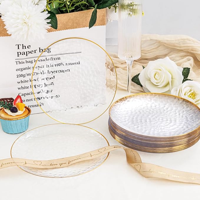 Rubtlamp 60 Pcs Clear Plastic Dessert Plates, Hammered Party Plates, Disposable Heavy Duty Salad/Dessert Platos,Clear Party Platos, Gold Plastic Appetizer Platos Disposable For All Occasions