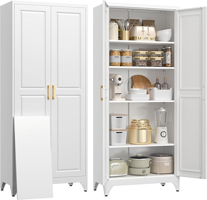 75" Kitchen Pantry Cabinet, Tall Storage Cabinet with Doors and 4 Shelves, Metal Storage Cabinets for Kitchens, Living Room, Dinning Room, Assembly Required, White