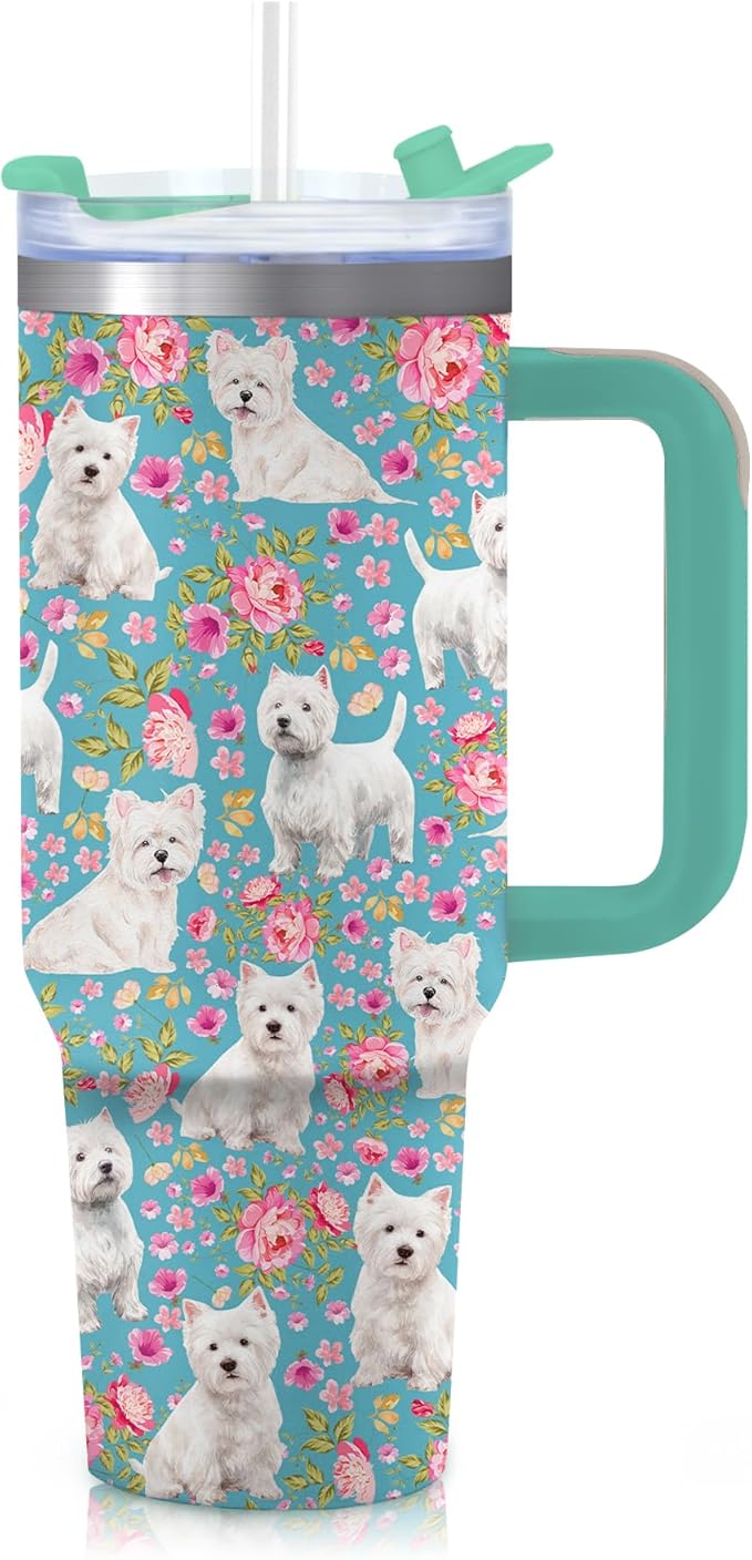 Yogusut Westie Gifts for Women, 40oz Stainless Steel Insulated Tumbler Travel Mug Cup with Handle Straw, Gifts for Dog Mom Dog Lover