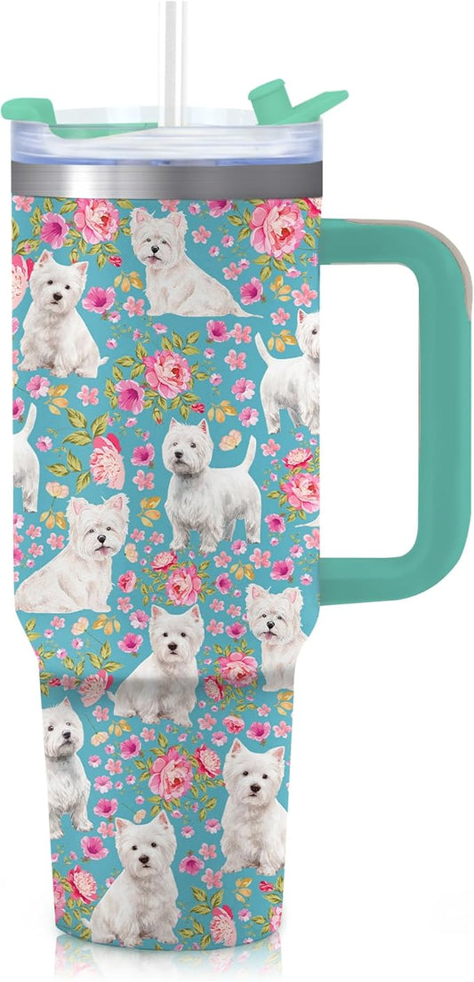 Yogusut Westie Gifts for Women, 40oz Stainless Steel Insulated Tumbler Travel Mug Cup with Handle Straw, Gifts for Dog Mom Dog Lover