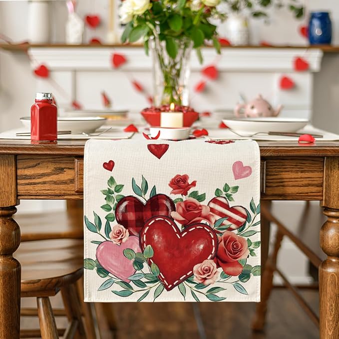 Artoid Mode Red Roses Flowers Eucalyptus Valentine's Table Runner, Wedding Kitchen Dining Table Decoration for Home Party Decor 13x90 Inch