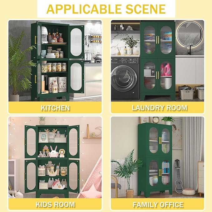Pantry Storage Cabinet, 61" Pantry Cabinets with Acrylic Glass Doors and Adjustable Shelves, Metal Kitchen Storage Cabinet for Kitchen, Living Room, Laundry Room and Dinning Room（Green）